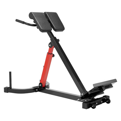 Roman chair hyperextension bench, black and red steel frame