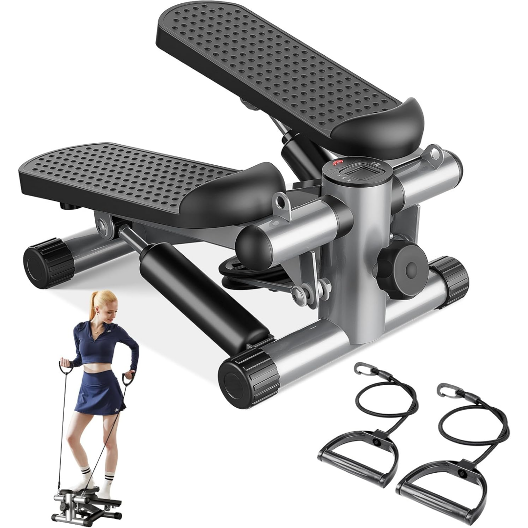Mini stepper with resistance bands, side view