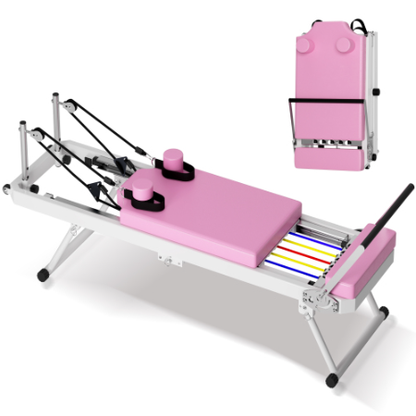 Folding Pilates reformer in pink, shown open with the folded position inset