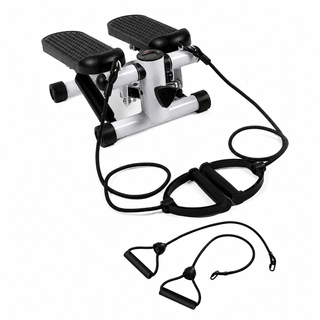 Hydraulic step machine with LCD and two resistance bands on white background