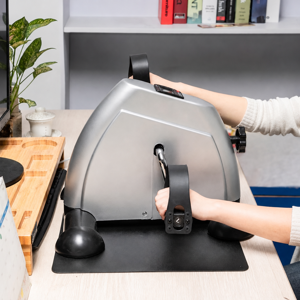 Mini pedal exerciser used for arm exercise on a desk
