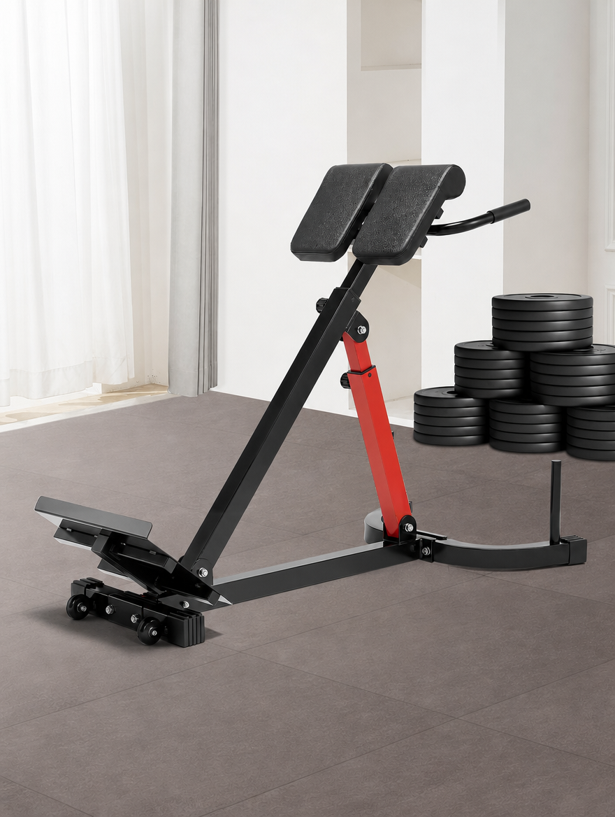 Roman chair hyperextension bench with a stack of weight plates