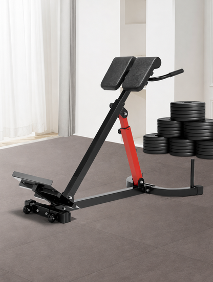 Roman chair hyperextension bench with a stack of weight plates