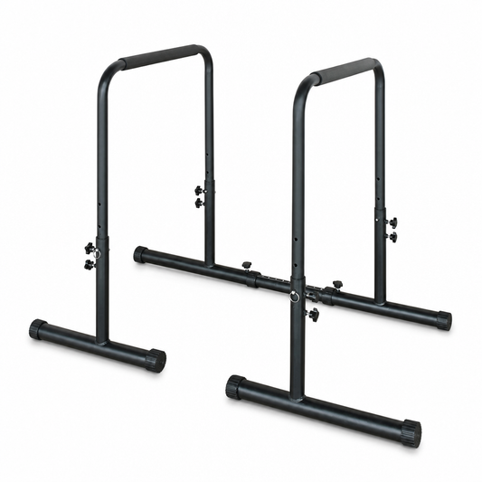 Adjustable dip and pull-up station, black steel, on white background