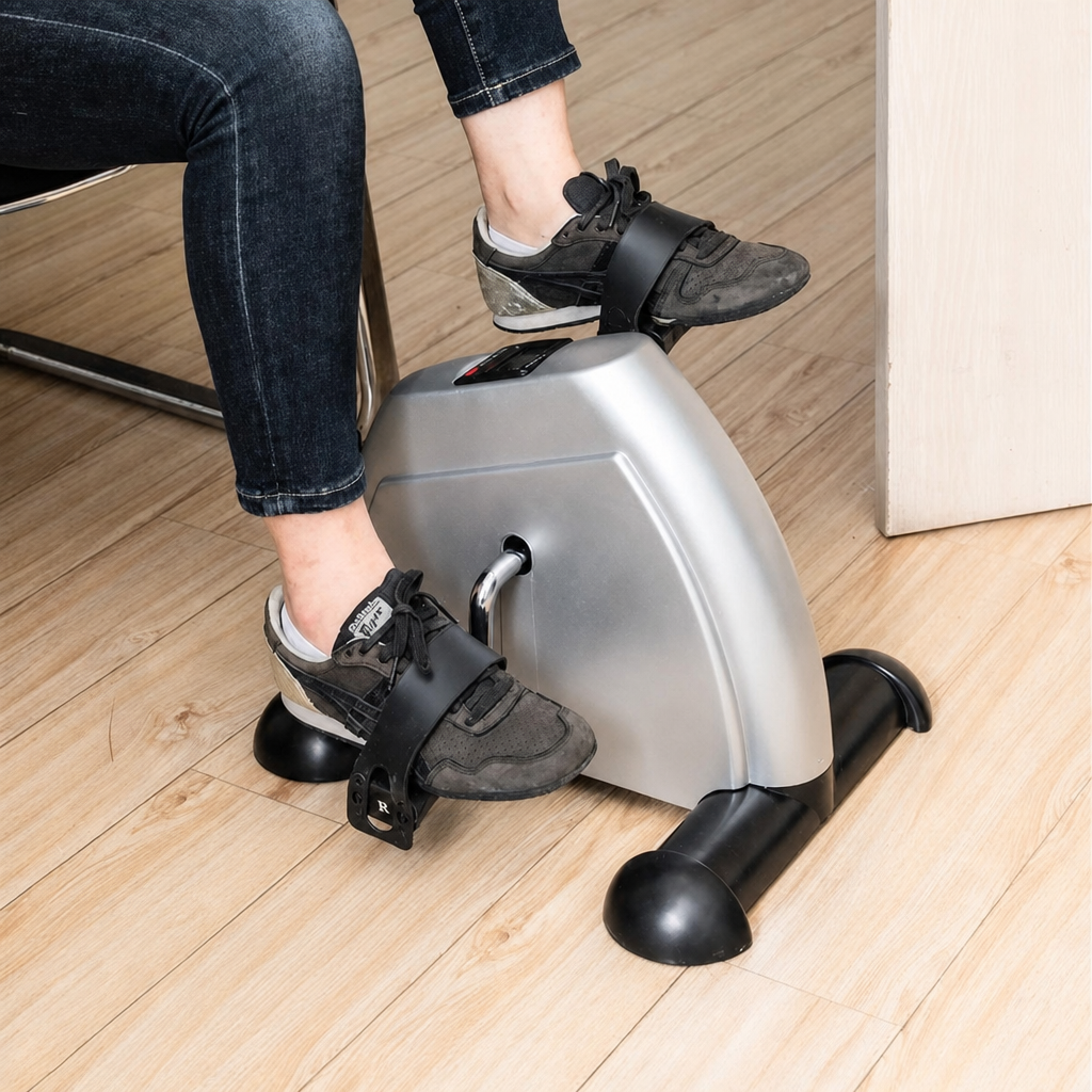 Person pedaling the mini pedal exerciser while seated
