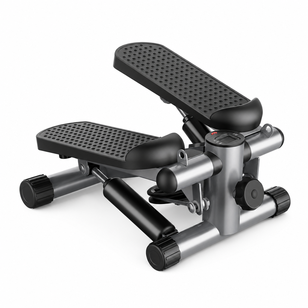 Mini stepper with resistance bands, black and silver, three-quarter view