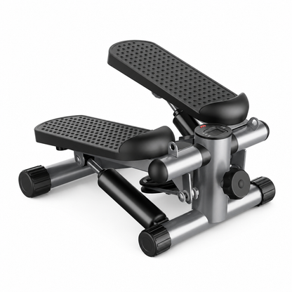 Mini stepper with resistance bands, black and silver, three-quarter view