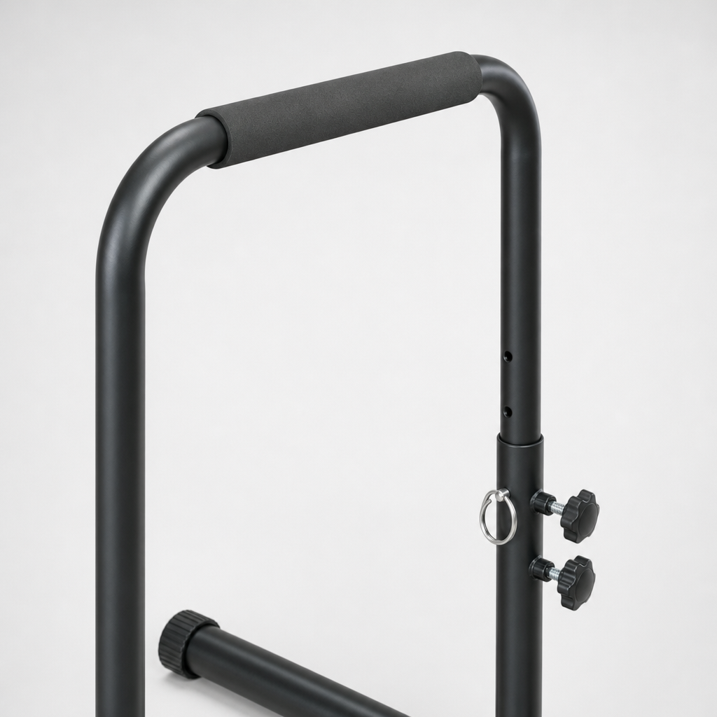 Close-up of the dip station foam handle and height adjustment knob