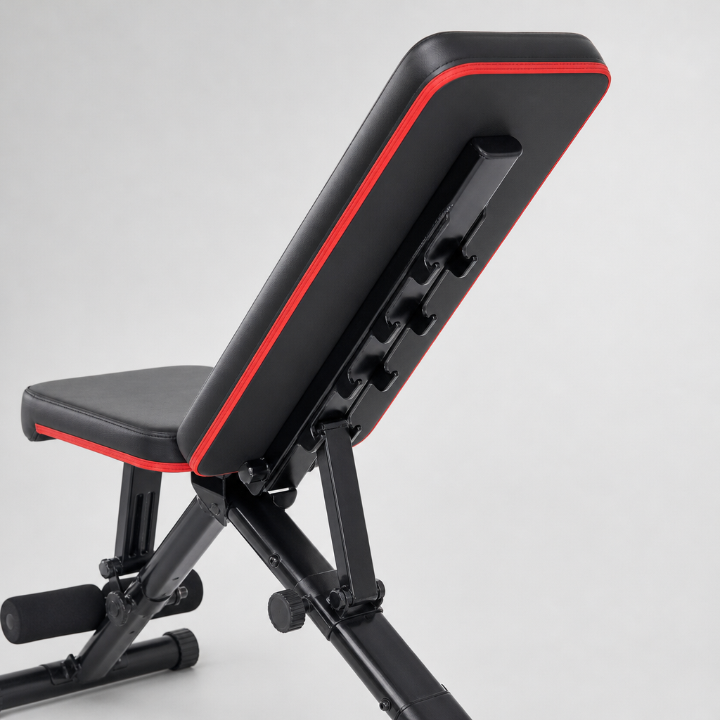 Close-up of the weight bench backrest adjustment ladder
