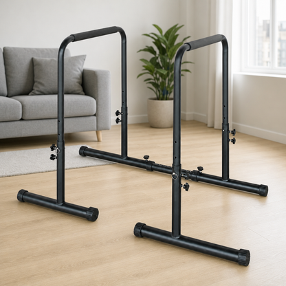 Adjustable dip and pull-up station in a living room