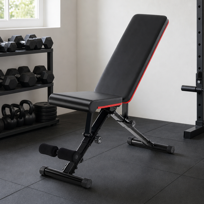Adjustable folding weight bench in a garage home gym